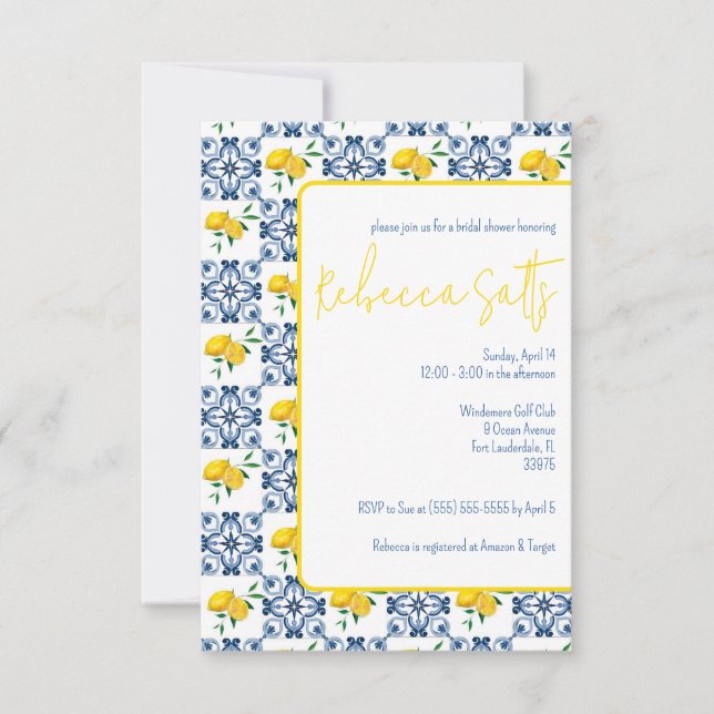 Invitation Fête des mariées carrelée bleu blanc citron (Devant)