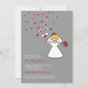 Invitation Fête des mariées Cartoon Bride Coeurs rouges Fleur