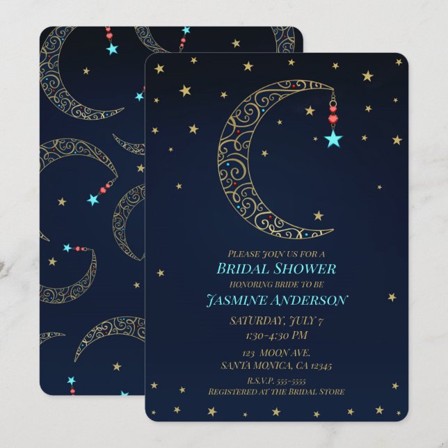 Invitation Fête des mariées céleste de la Lune d'or bleu (Devant / Derrière)