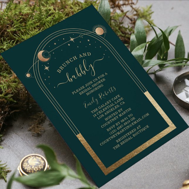 Invitation Fête des mariées céleste mystique de l'or vert (Créateur téléchargé)