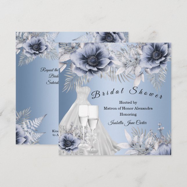 Invitation Fête des mariées Champagne Bleu argent Floral (Devant / Derrière)
