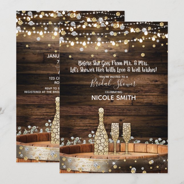 Invitation Fête des mariées champagne en tonneau rustique (Devant / Derrière)