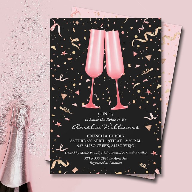 Invitation Fête des mariées Champagne rose (Pink champagne glasses and streamers on black bridal shower invitations)