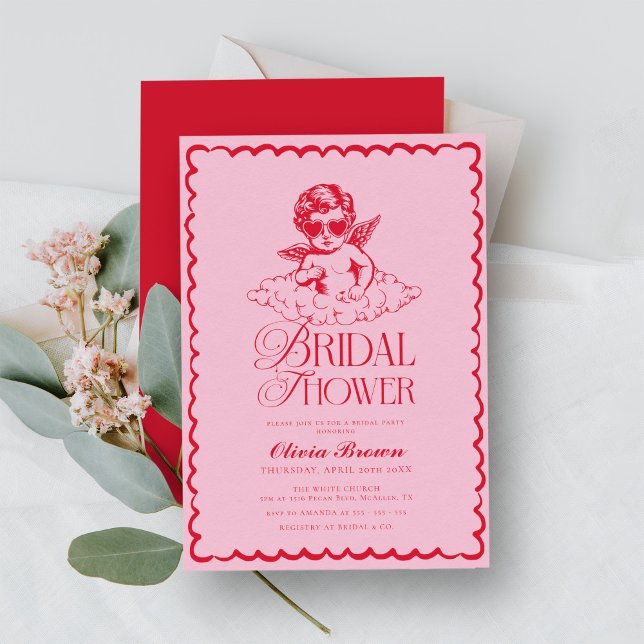 Invitation Fête des mariées Cherub rose et rouge rétro (Créateur téléchargé)