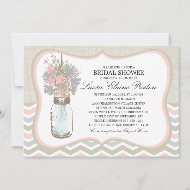Invitation Fête des mariées Chevron Rustic Chic Mason Jar (Devant)