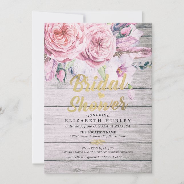 Invitation Fête des mariées Chic Aquarelle Boho Plumes floral (Devant)