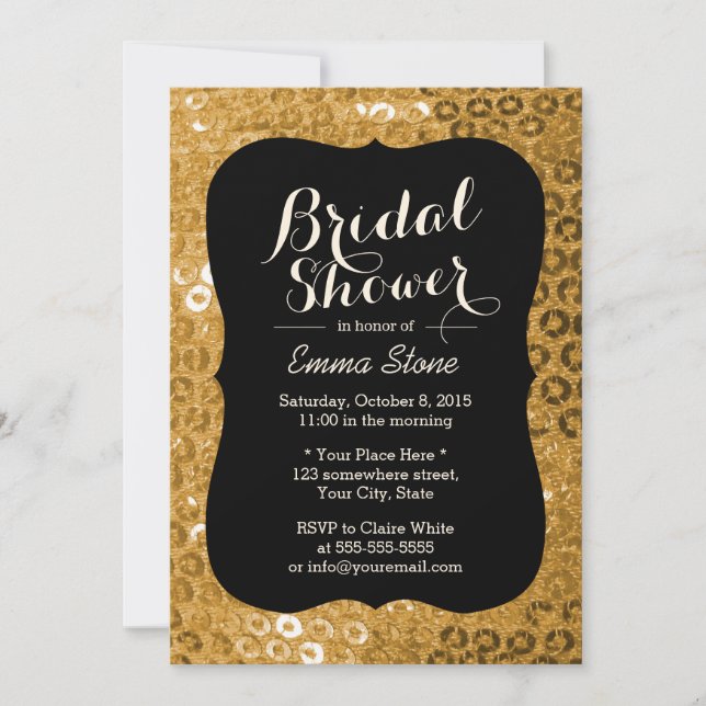 Invitation Fête des mariées Chic Black & Gold Paillettes (Devant)