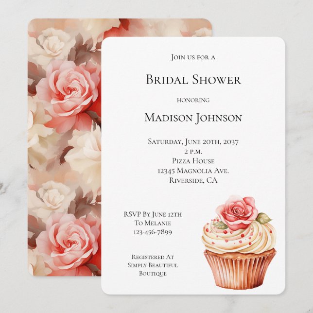 Invitation Fête des mariées Chic Blush Rose Cupcake (Devant / Derrière)