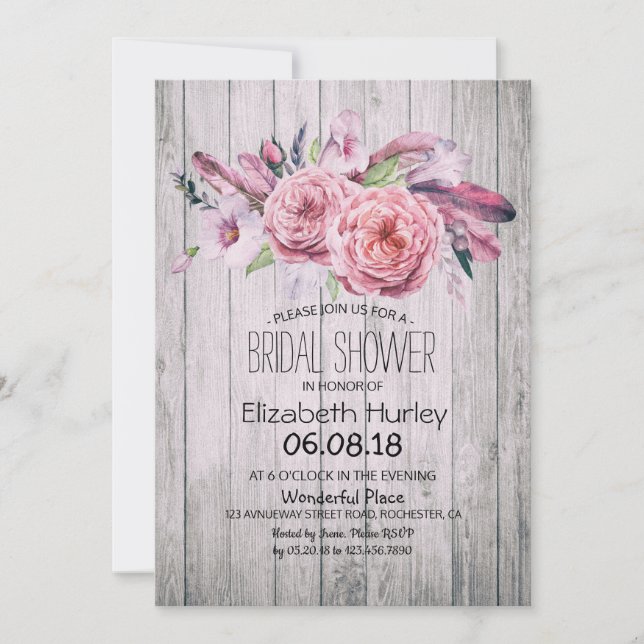 Invitation Fête des mariées Chic Boho Plumes florales Bois ru (Devant)