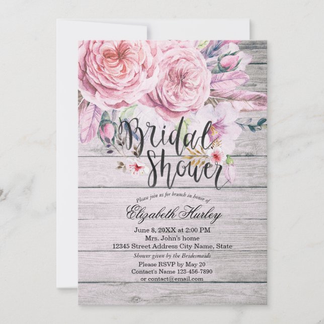 Invitation Fête des mariées Chic Boho Plumes florales Bois ru (Devant)