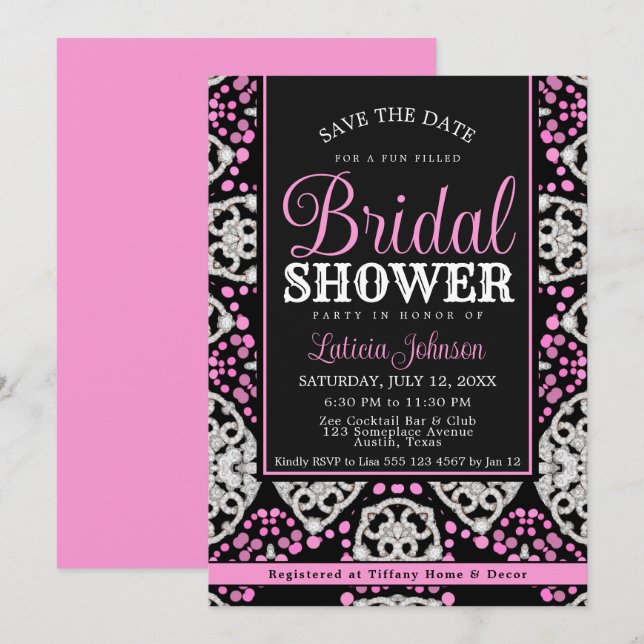Invitation Fête des mariées chic glamour rose noir diamant (Devant / Derrière)