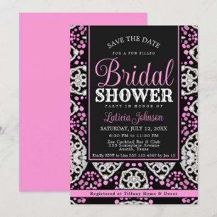 Invitation Fête des mariées chic glamour rose noir diamant