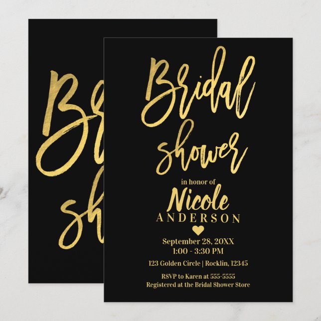 Invitation FÊTE DES MARIÉES Chic Gold Foil Black Modern Scrip (Devant / Derrière)