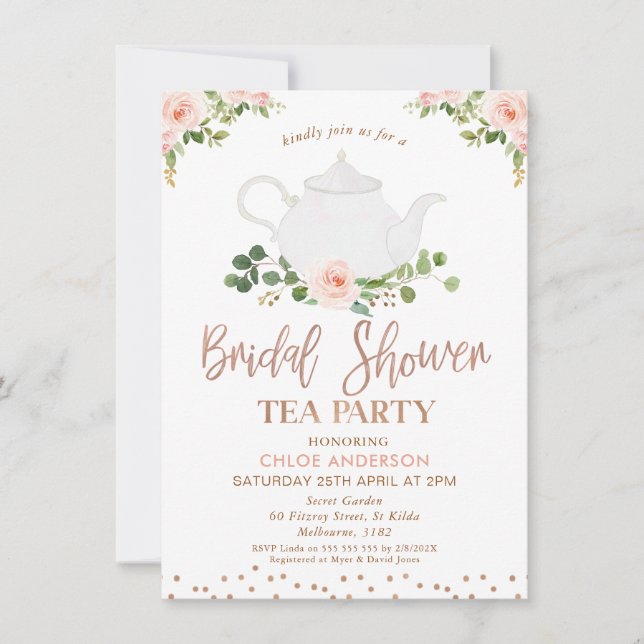 Invitation Fête des mariées Chic Rose Floral Folial Tea Party (Devant)