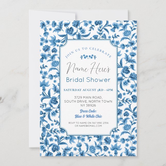 Invitation Fête des mariées Chintz Bleu & Blanc Floral Ditsy (Devant)