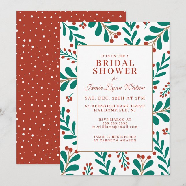 Invitation FÊTE DES MARIÉES | Christmas Mistletoe & Holly (Devant / Derrière)