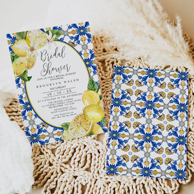 Invitation Fête des mariées citron bleu carreaux jaunes (Blue and Yellow Lemon Bridal Shower Invitation Template easy to edit designed by Fig tree Design.)