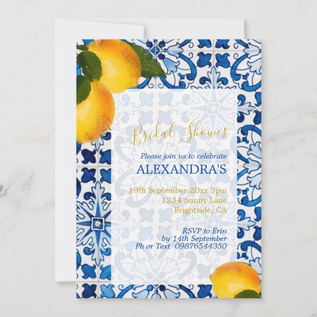 Invitation Fête des mariées Citron Bleu Carrelage Blanc Chic (Devant)