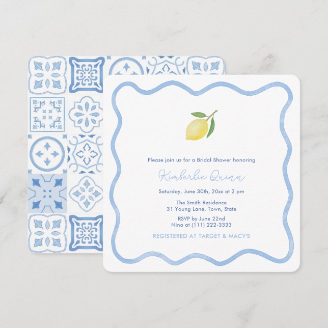 Invitation Fête des mariées Citron Bleu Et Blanc Vave (Devant / Derrière)