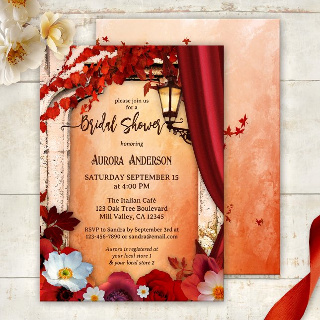 Invitation Fête des mariées classique italienne Boho (Italian bridal shower invitation featuring festive red flowers on a Roman arch with lantern)