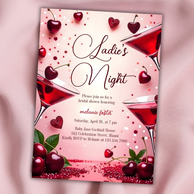 Invitation Fête des mariées Cocktail Dames Night Cherry (Elegant Ladies' Night Bridal Shower Invitation with Cherry Cocktail Theme)