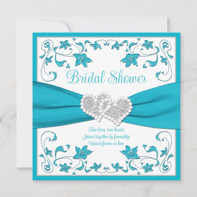 Invitation Fête des mariées Coeurs d'Amour Turquoise, Argent (Devant)