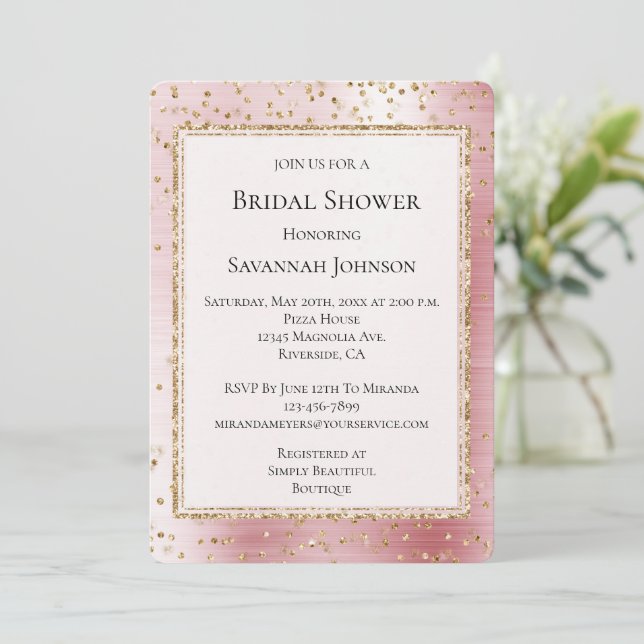 Invitation Fête des mariées Confetti brillante rose (Debout devant)