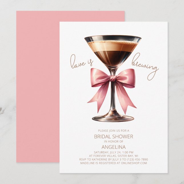 Invitation Fête des mariées Coquette Bow Espresso Martini (Devant / Derrière)