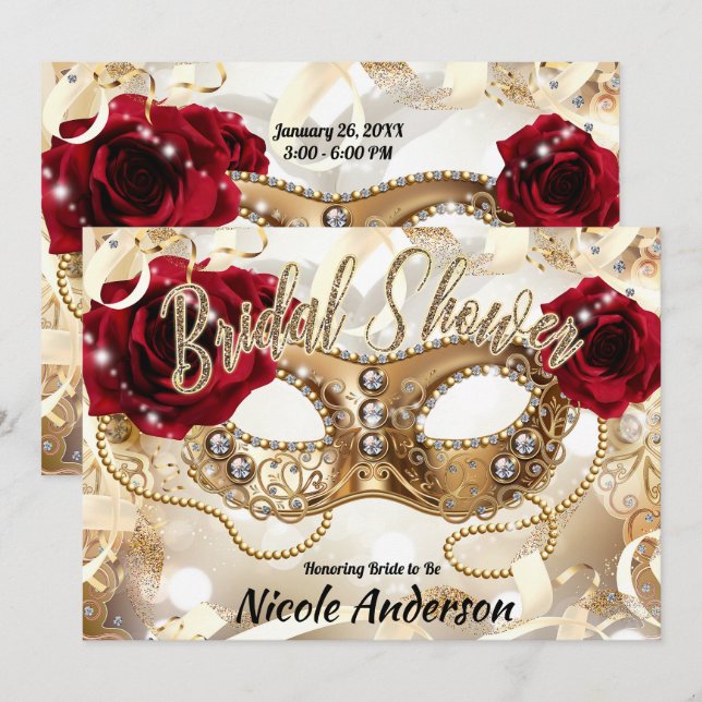Invitation Fête des mariées Crème or Roses rouges Masquerade (Devant / Derrière)