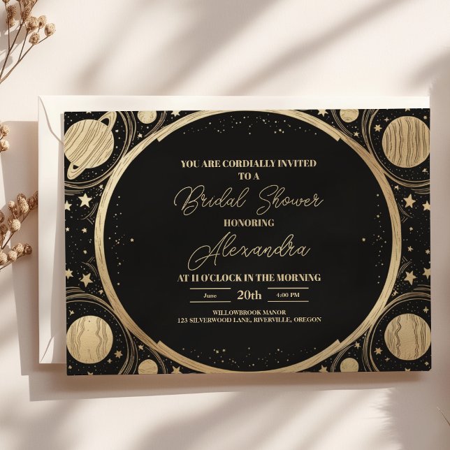 Invitation Fête des mariées crescent céleste d'or noir (Créateur téléchargé)