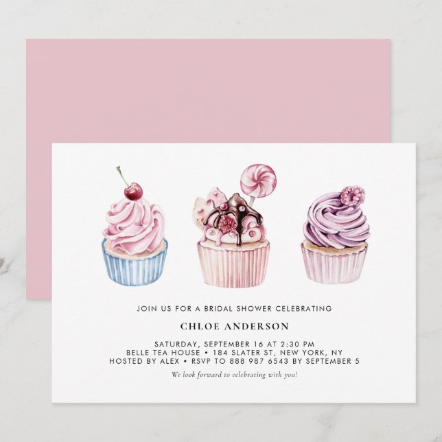Invitation Fête des mariées Cupcakes rose et violet à l'aquar (Devant / Derrière)