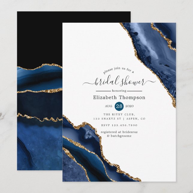 Invitation Fête des mariées d'âge marine et or (Devant / Derrière)