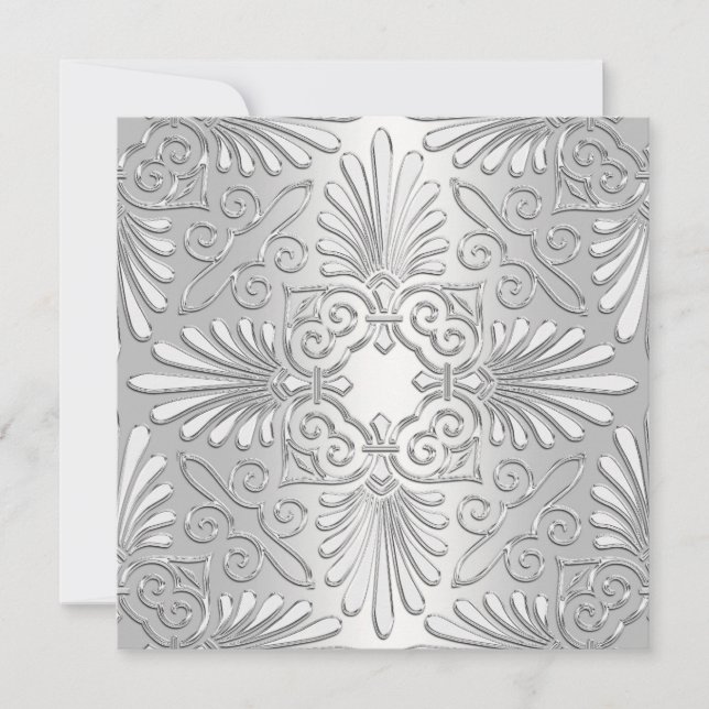 Invitation Fête des mariées Damas Art Déco Argent & Blanc (Devant)