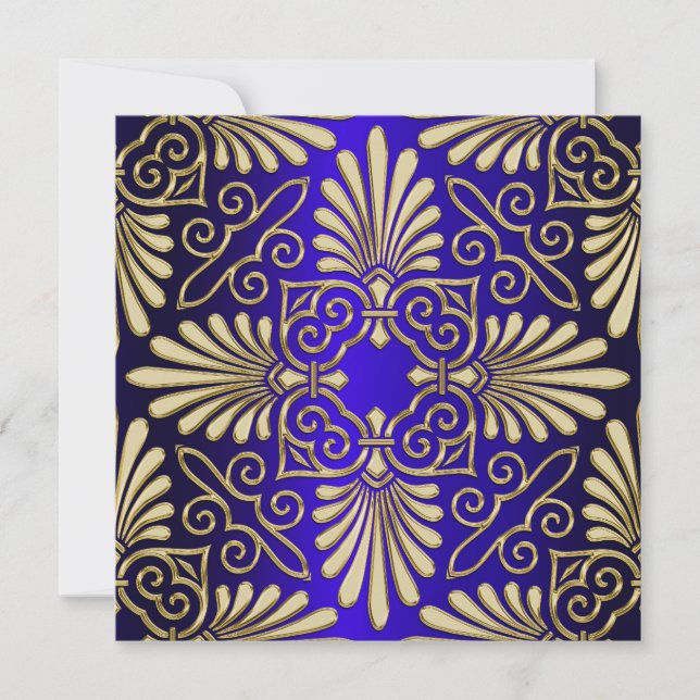 Invitation Fête des mariées Damas Gold & Blue Art Déco (Devant)