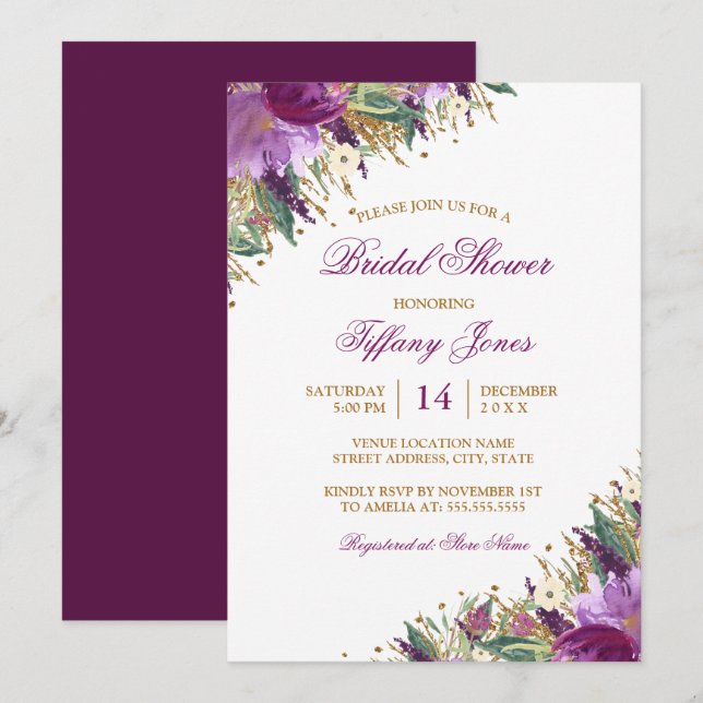 Invitation Fête des mariées d'Améthyste d'aquarelle florale (Devant / Derrière)
