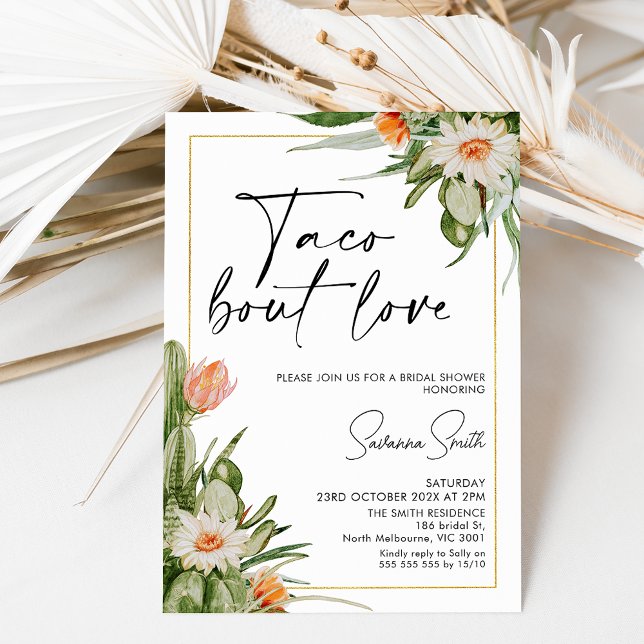 Invitation Fête des mariées d'amour de Cactus Floral Gold Fra (Créateur téléchargé)