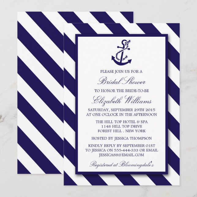 Invitation Fête des mariées d'Ancre bleue marine (Devant / Derrière)
