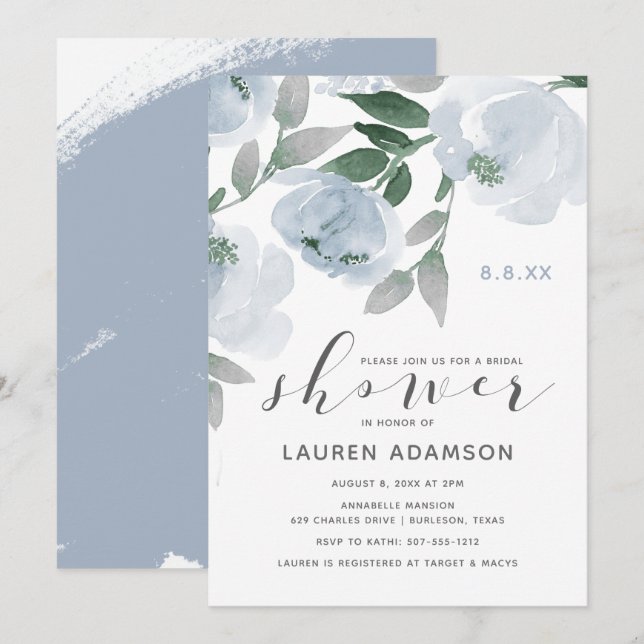 Invitation Fête des mariées d'aquarelle bleu et gris poussiér (Devant / Derrière)