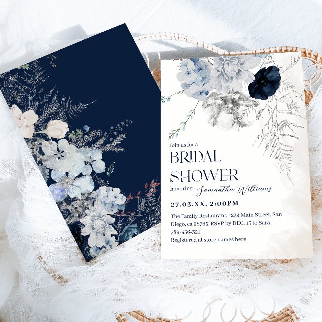 Invitation Fête des mariées d'aquarelle bleu Fleur d'hiver (Créateur téléchargé)