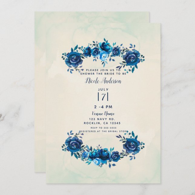 Invitation Fête des mariées d'aquarelle bleu Indigo Beige (Devant / Derrière)