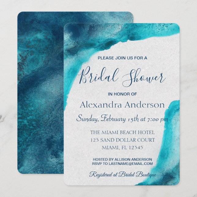 Invitation Fête des mariées d'aquarelle bleu océan (Devant / Derrière)