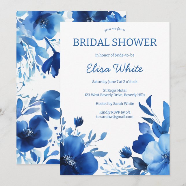 Invitation Fête des mariées d'aquarelle Blue Blooms PERSONNAL (Devant / Derrière)