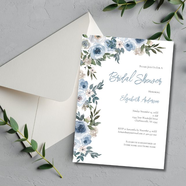 Invitation Fête des mariées d'aquarelle couleur bleu bleu cla (Dusty Blue Floral Greenery Watercolor Elegant Bridal Shower invitation)