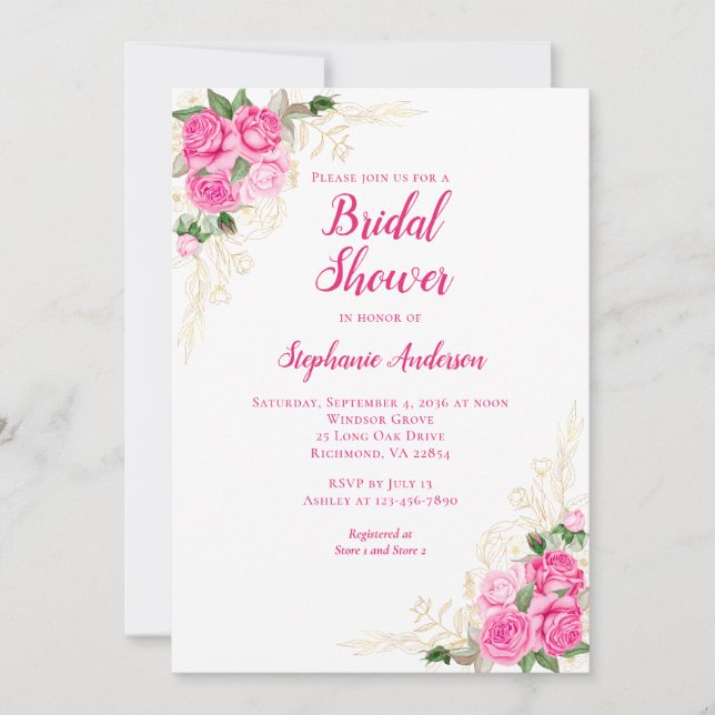 Invitation Fête des mariées d'aquarelle couleur or rose chaud (Devant)