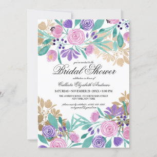 Invitation Fête des mariées d'aquarelle couleur or rose viole