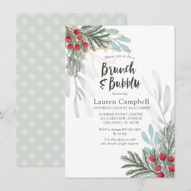 Invitation Fête des mariées d'aquarelle d'hiver rustique (Devant / Derrière)