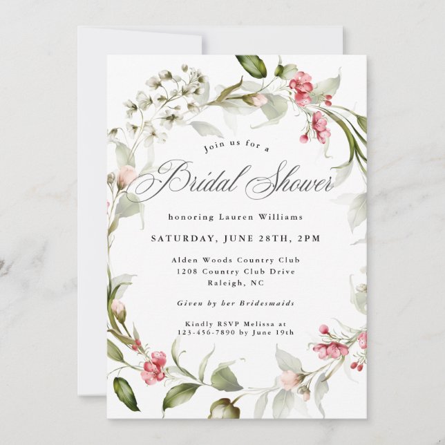 Invitation Fête des mariées d'aquarelle en fleurs délicates (Devant)