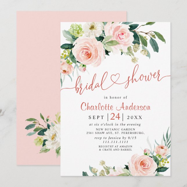 Invitation Fête des mariées d'aquarelle en rose pâle (Devant / Derrière)
