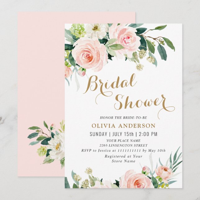 Invitation Fête des mariées d'aquarelle en rose pâle (Devant / Derrière)