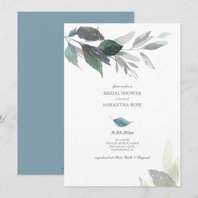Invitation Fête des mariées d'aquarelle Feuille bleu foncé (Devant / Derrière)